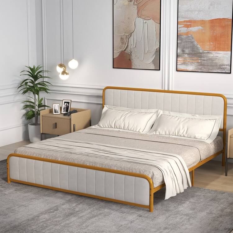 Upholstered Gold Platform Bed Frame with Velvet Headboard
