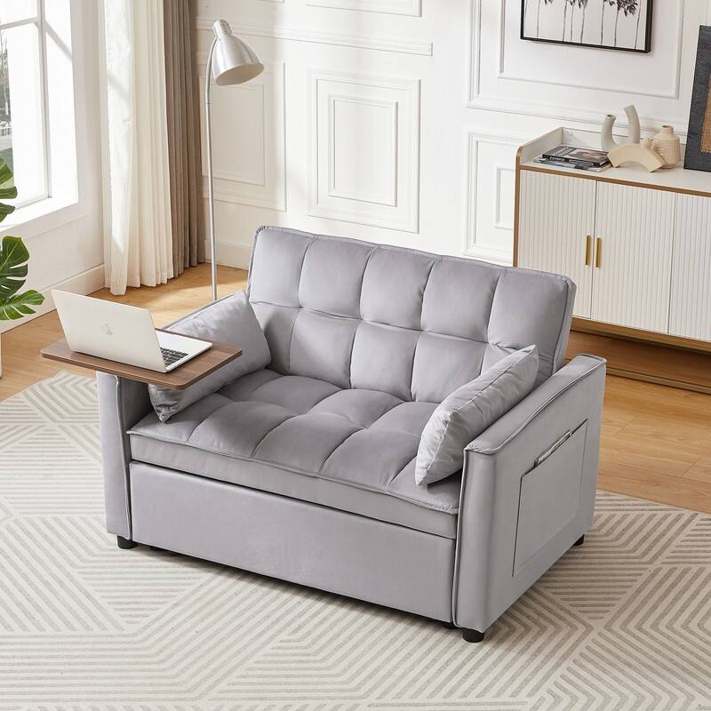 Modern Style Velvet Upholstered Sleeper Sofa with Table Board - Grey