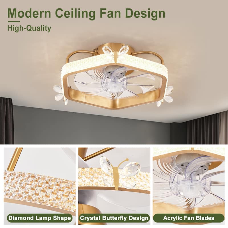 Modern Flush Mount Crystal Ceiling Fan, Gold Reversible Fandelier Fan Light for Bedroom