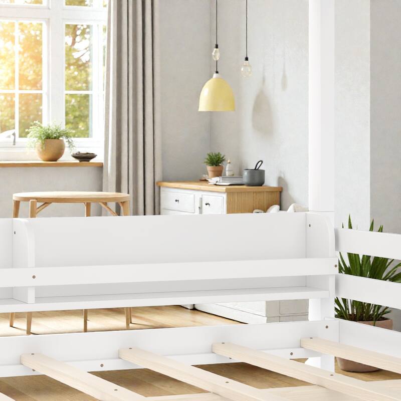 Wooden Bunk Bed Frame with Built-In Storage Shelves, Convertible to Two Beds, No Box Spring Needed