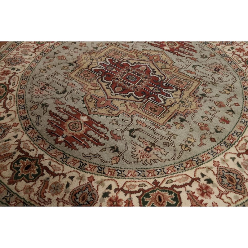 Heriz Serapi Indian Round Rug Hand-Knotted Wool Carpet - 7'10"x 7'10"