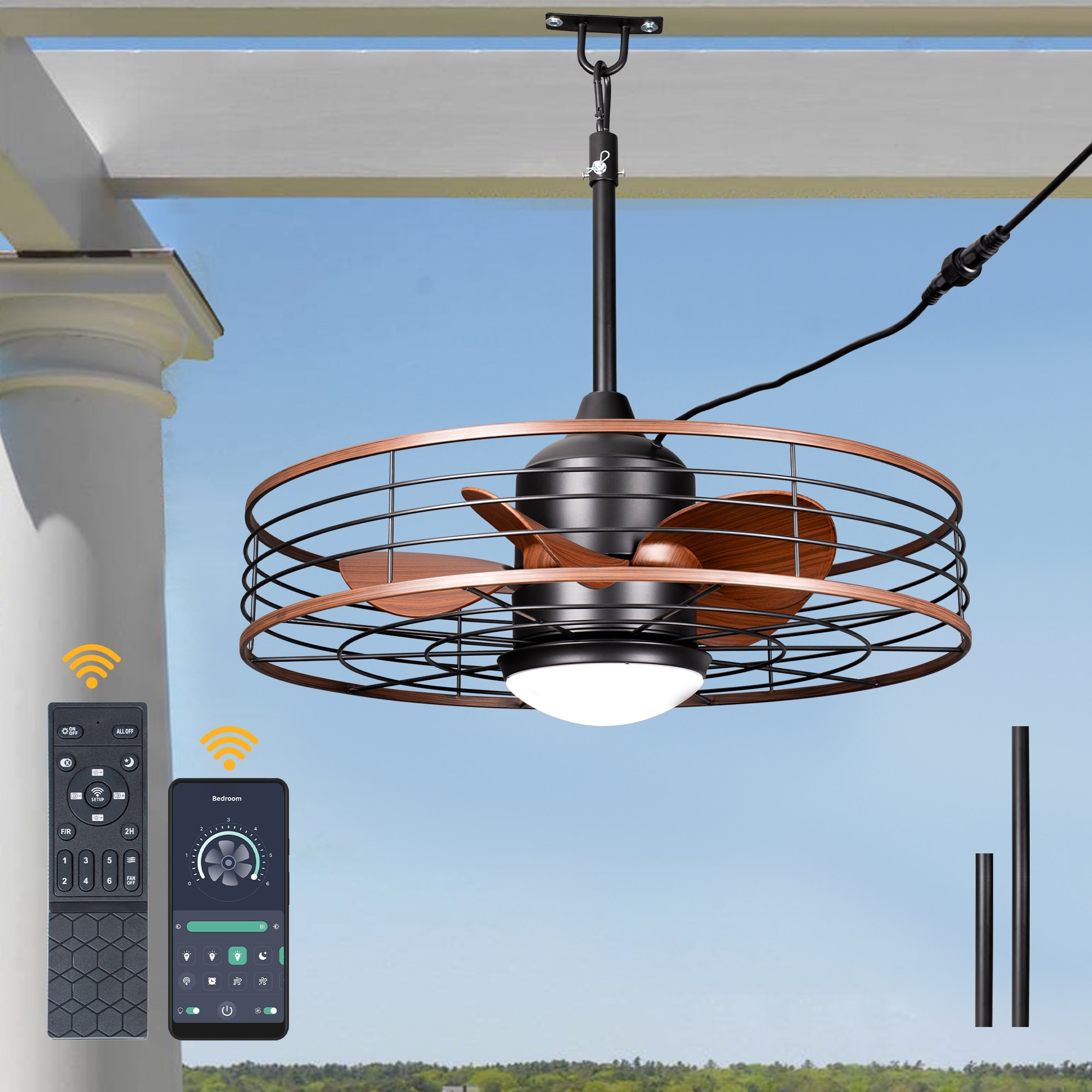 Bella Depot 23" Industrial Outdoor Ceiling Fan with Light and Remote for Courtyard, Bathroom, Corridor Caged Ceiling Fan - 23.6"
