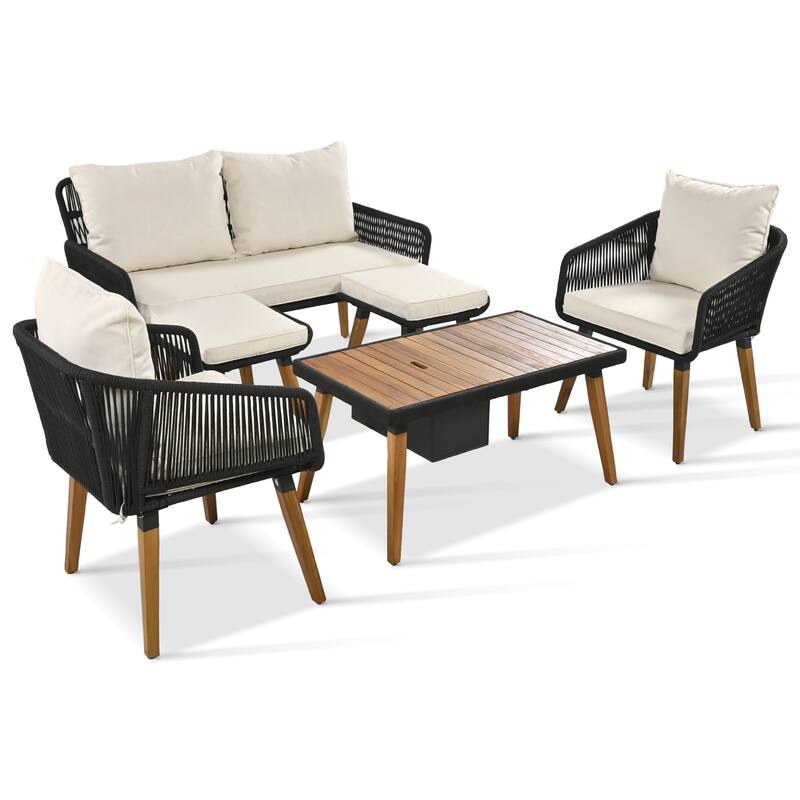 Patio Furniture Set Dining Chairs Set Wood Conversation Sets with Cool Bar Table and Ice Bucket, Deep Seat Lounger with 2 Stools
