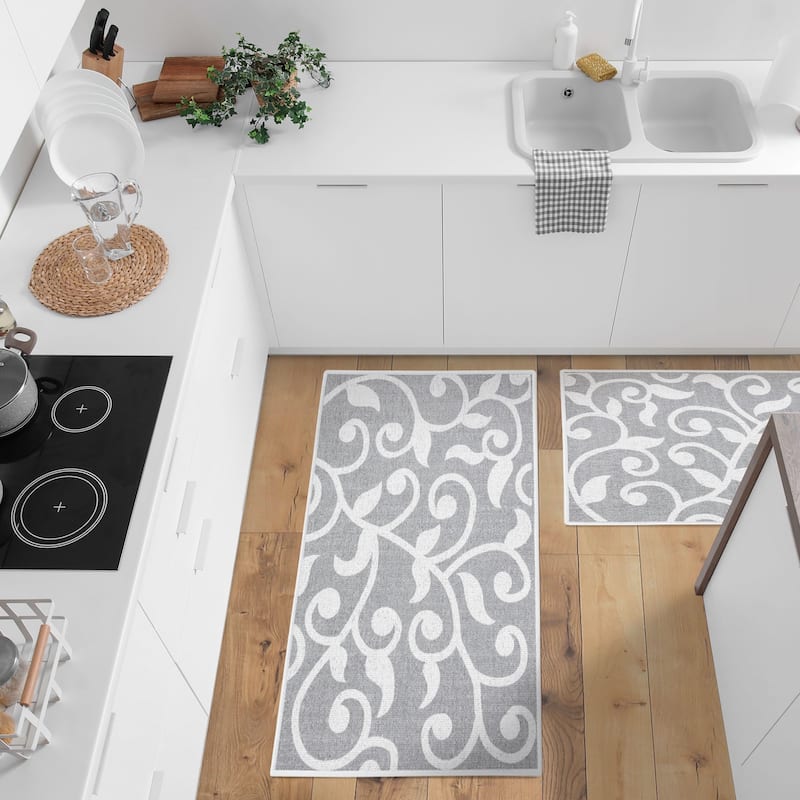 Non Skid Washable Kitchen Runner Rugs Set of 2 - Area Rugs for Kitchen, Laundry Room - Set of 2 - Leaves Gray