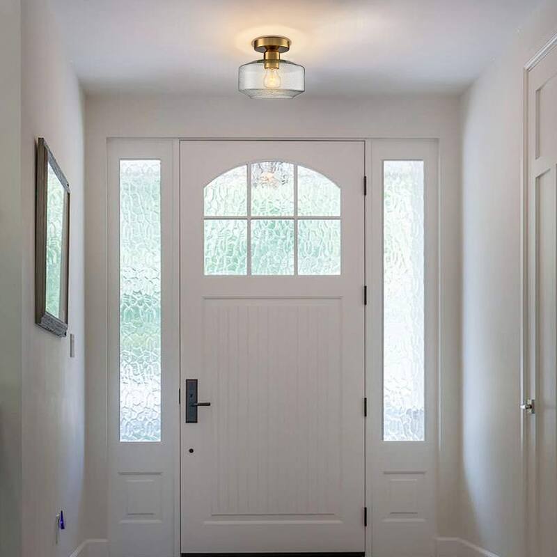 Pistoia Modern Gold Semi Flush Ceiling Light Seeded Glass Drum Shade, 1-Light