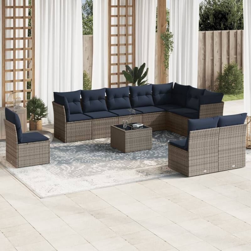 vidaXL 10/11 Piece Patio Sofa Set with Cushions Black/Brown/Gray Poly Rattan - 21.7 x 24.4 x 27.2 - Beige and gray With table