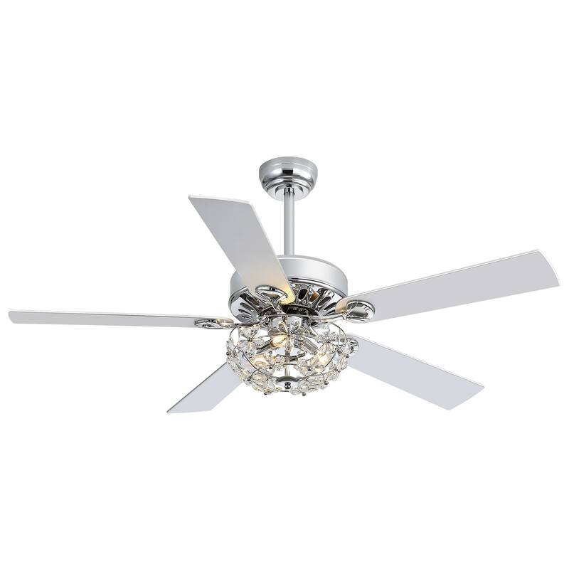 52" Chrome Crystal Ceiling Fan with Lights, Remote Control, Reversible DC Motor, 6-Speed Indoor Ceiling Fan with 5 Silver Blades