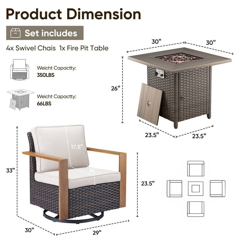 Pocassy 5-Piece Outdoor Swivel Chair with Fire Pit Table Set