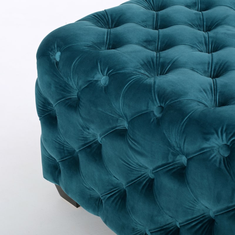 Velvet Ottoman - Teal Button-Tufted Diamond Stitch, 29" Square Modern Glam Footstool with Polyester Upholstery