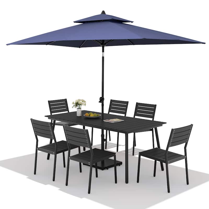 9PC Outdoor Patio Dining Set Aluminum Table with Stackable Chairs w/ Premium Market Umbrella Sets