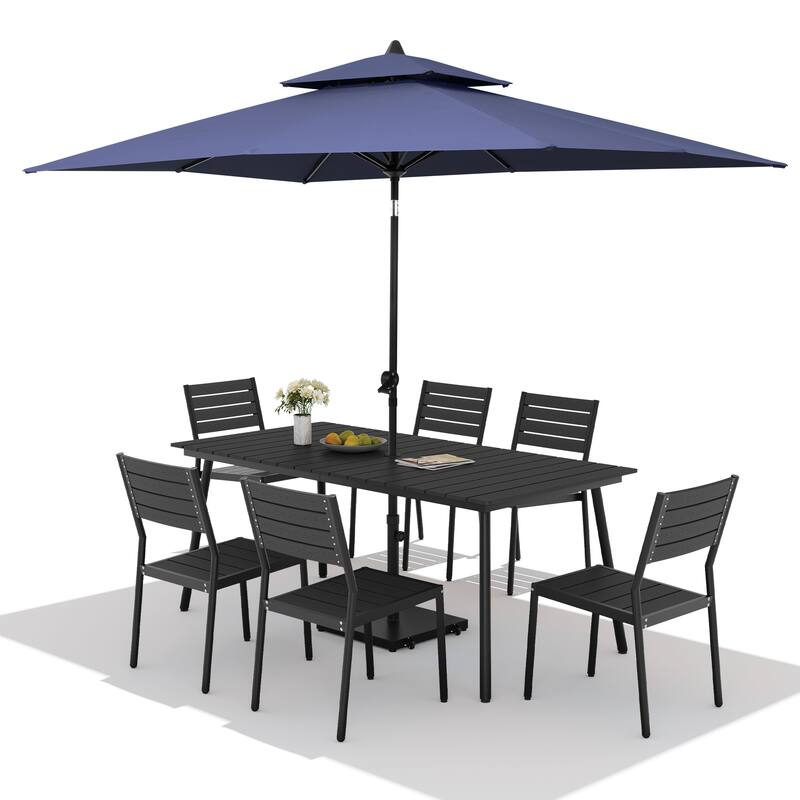 9PC Outdoor Patio Dining Set Wood-Like Aluminum Table with Stackable Chairs,Double Top Market Umbrella and Wheel Base