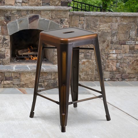 Backless Distressed Metal Indoor/Outdoor Counter Height Stool