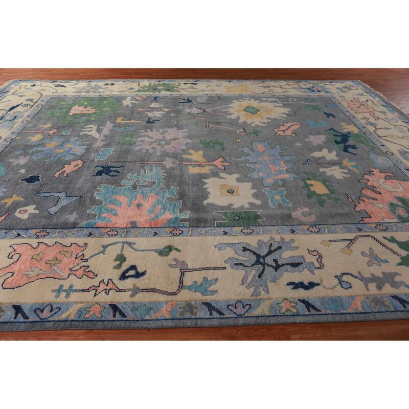 Gray Floral Oushak Indian Large Rug Handmade Wool Carpet - 11'9" x 14'11"