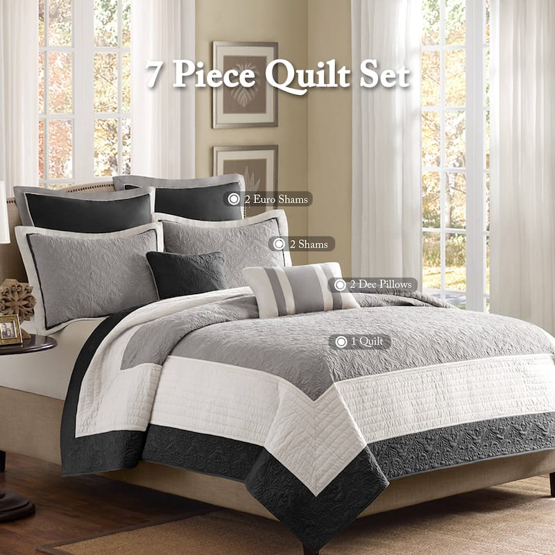 Madison Park Liverpool 7 Piece Quilt Set with Euro Shams and Throw Pillows