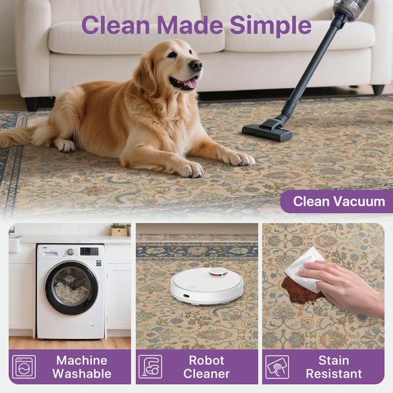 Mcow Vintage Floral Low-Pile Machine-Washable Area Rug