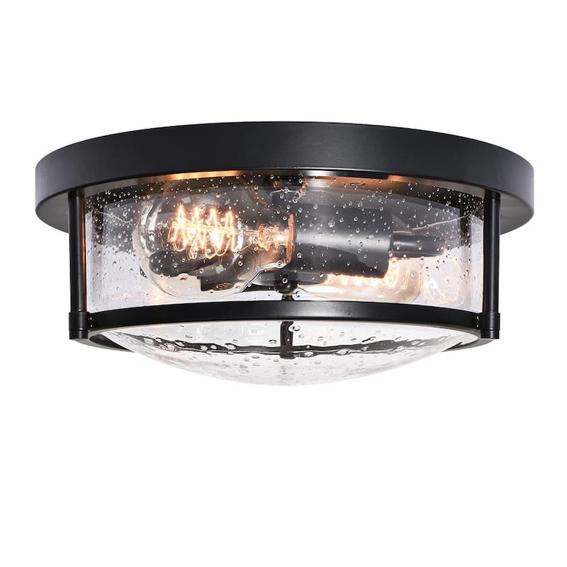 Matte Black 2-Light Seeded Glass Drum Flush Mount Ceiling Light