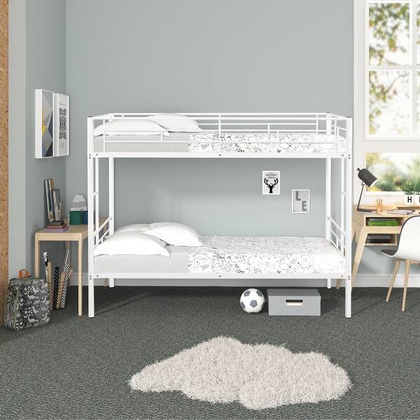 slide 2 of 8, White Sturdy Metal Twin Over Twin Bunk Bed with Full-Length Guard Rails, Space-Saving Ladders White