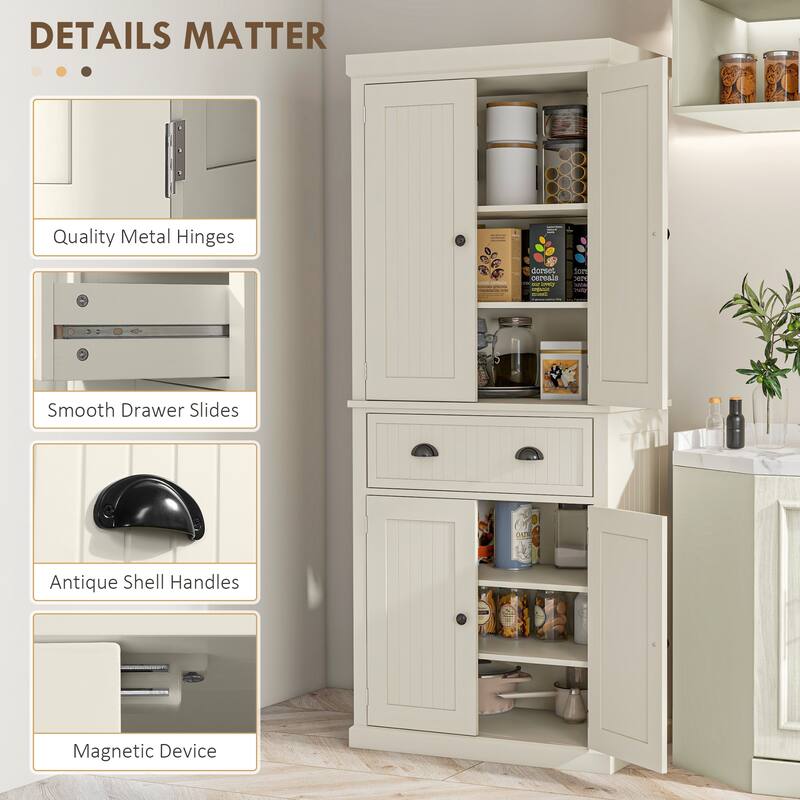 HOMCOM 72" Kitchen Pantry Cabinet, Freestanding Tall Storage Cabinet, Traditional Kitchen Cabinet with 4 Doors