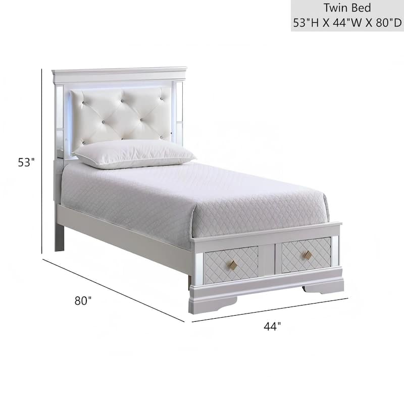Pearl White Twin Bed with LED Headboard, Mirror Trim, and Storage Drawers