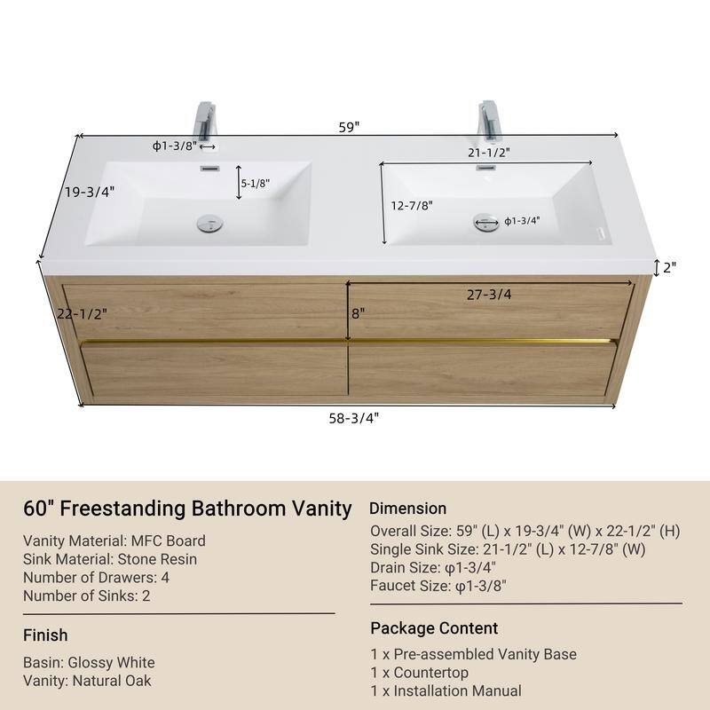 ABRUZZO 60" Floating Bathroom Vanity Double Sink with Stone Resin Top Four Soft Close Drawers