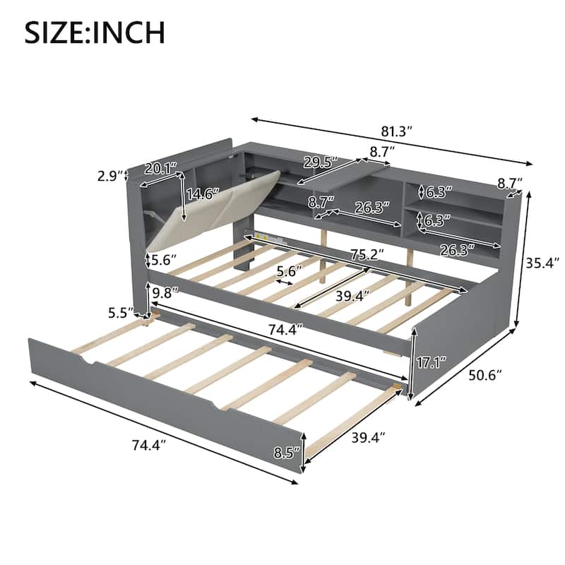Twin Size Platform Bed with Trundle Bed, Built-in Storage Headboard, Shelves, and Rotating Board, Upholstered Backrest