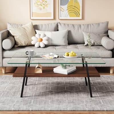 Rectangle Coffee Table, Tempered Glass Tabletop With Black Metal Legs