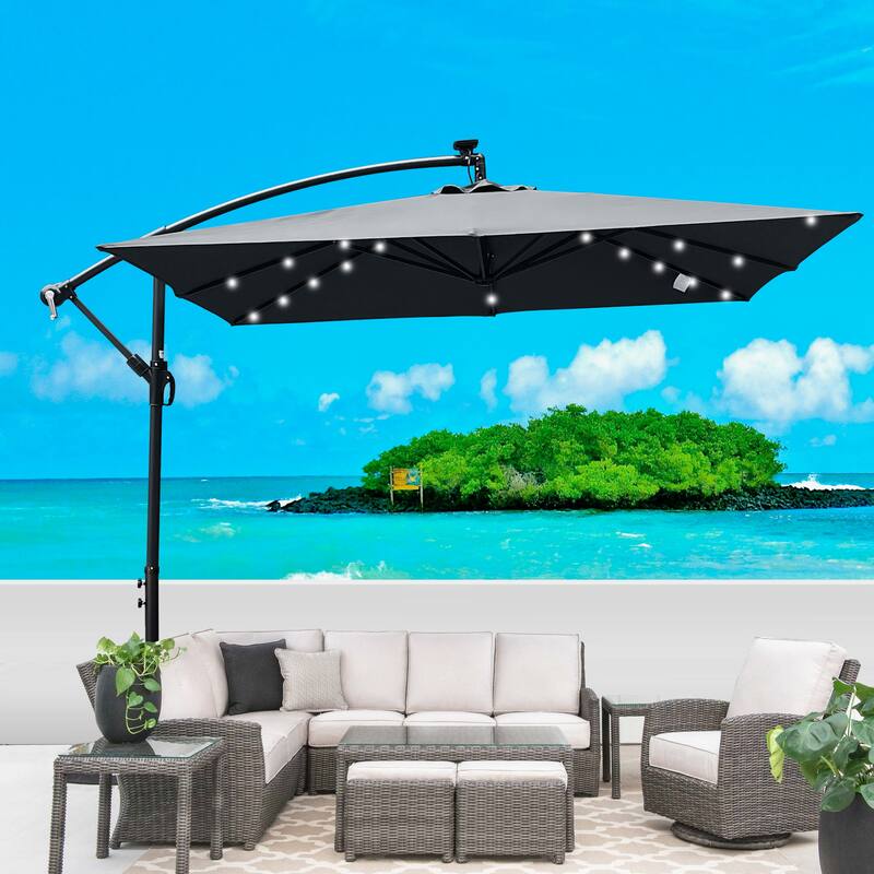 Square 2.5X2.5M Patio Umbrella Solar Powered LED Lighted Sun Shade Market Waterproof 8 Ribs Umbrella with Crank and Cross Base - Anthracite
