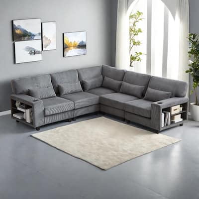 102.75" Corduroy L-Shaped Modular Sectional Sofa with Storage and Cup Holder