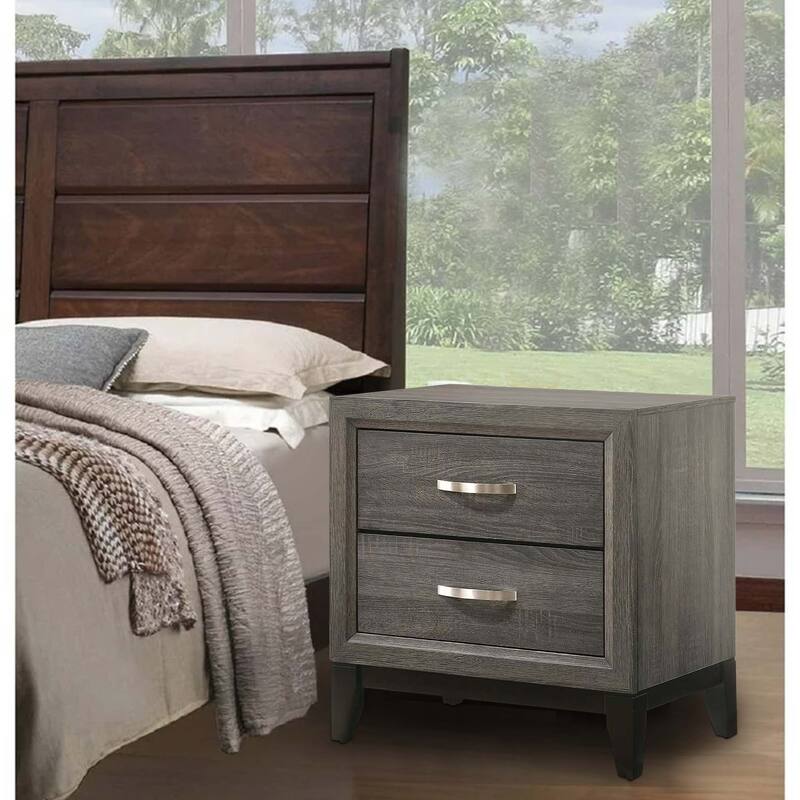 Mazie 25 Inch Modern 2 Drawer Nightstand, Metal Handle, Gray Foil Finish