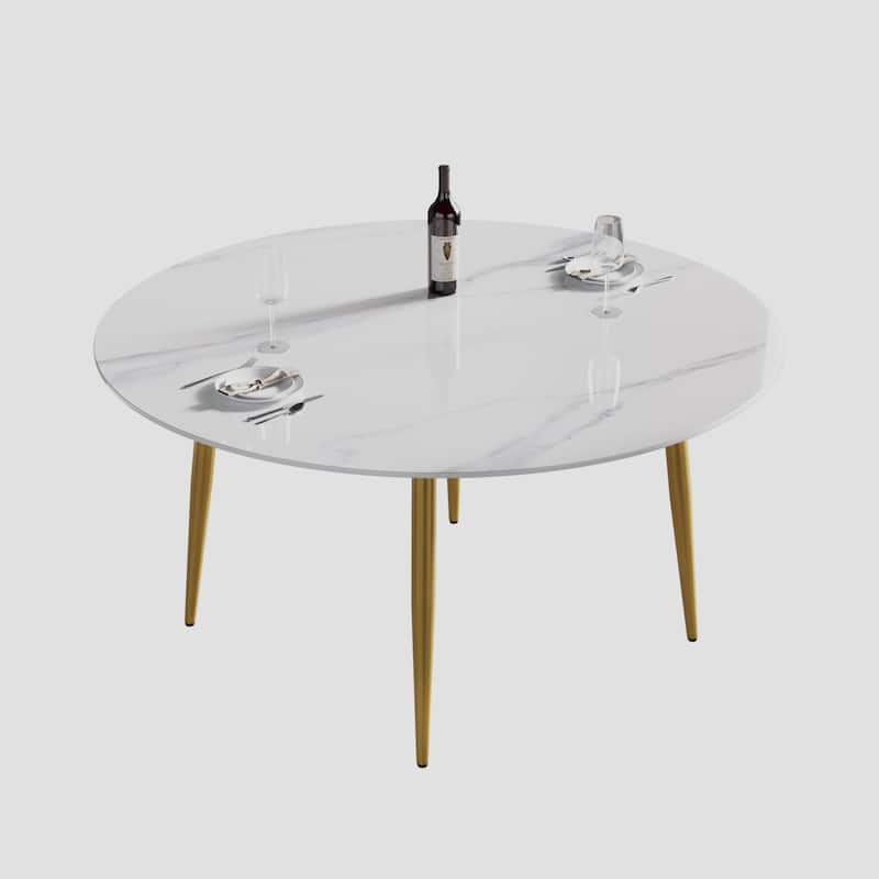 59" White Round Dining Table with Marble Top and Metal Legs