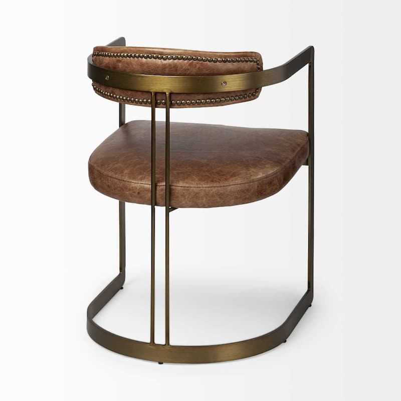 Modern Brown Leather Dining Arm Chair with Gold Metal Legs and Open Back Comfortable Seating - 29.5”H x 22.5”W x 20”D