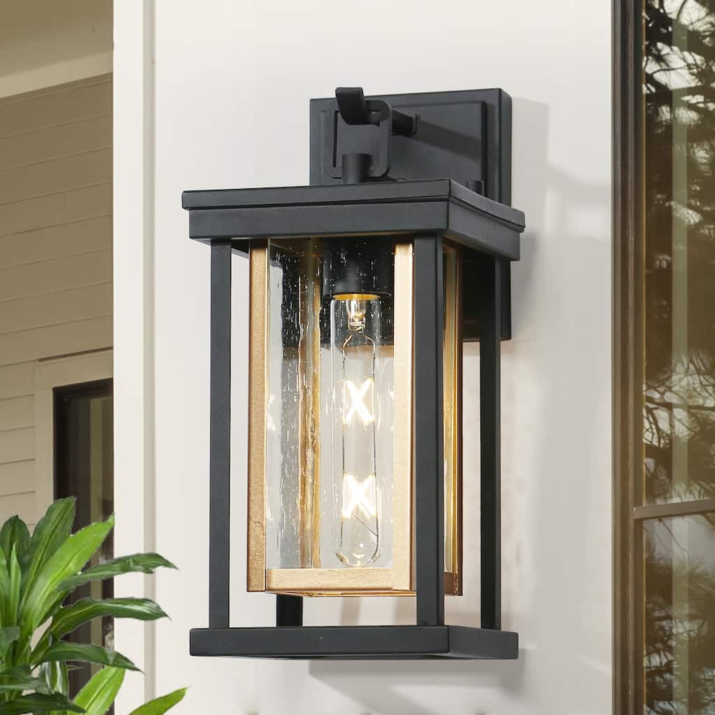 Modern 1-Light Outdoor Wall Sconces Black Gold Lantern Porch Patio Lamps - W 6.3"xD 7.9"xH 13.6"