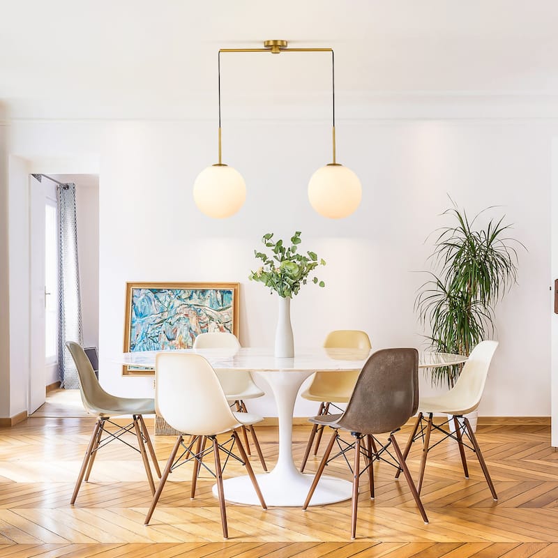 2-Light Modern Gold Linear Opal Frosted Glass Globe Bubble Kitchen Island Lights/Pendant