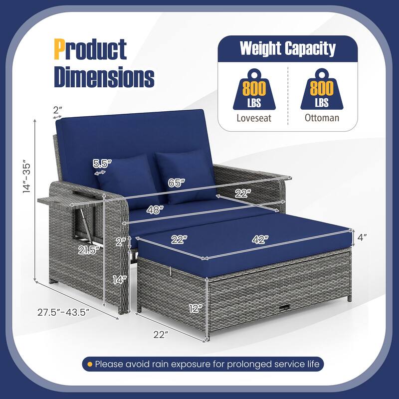 Gymax Rattan Daybed Wicker Loveseat Sofa Set w/ Ottoman & Retractable