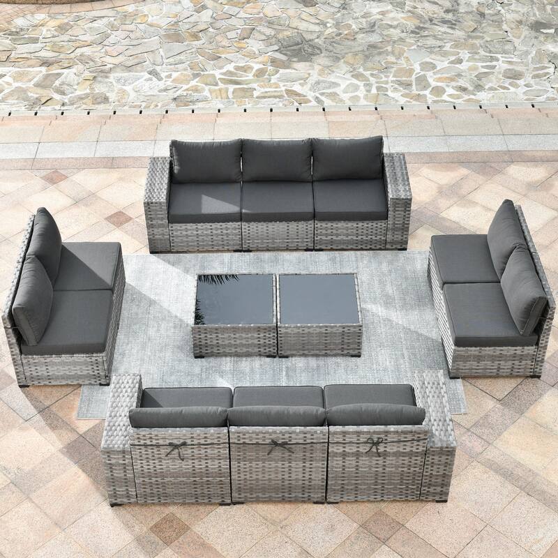 HOOOWOOO 12-Piece Rattan Outdoor Patio Furniture Modular Wide Armrest Sectional Set