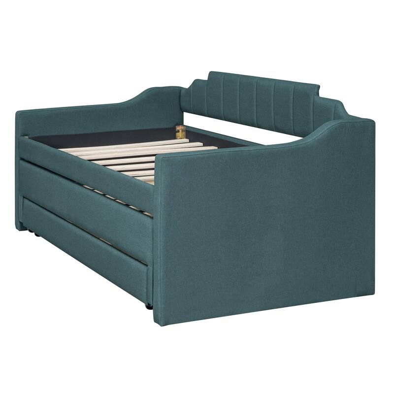 Twin Upholstered Daybed with Trundle and Storage Drawers, Stylish Linen Blend, Ideal for Small Spaces and Guest Rooms