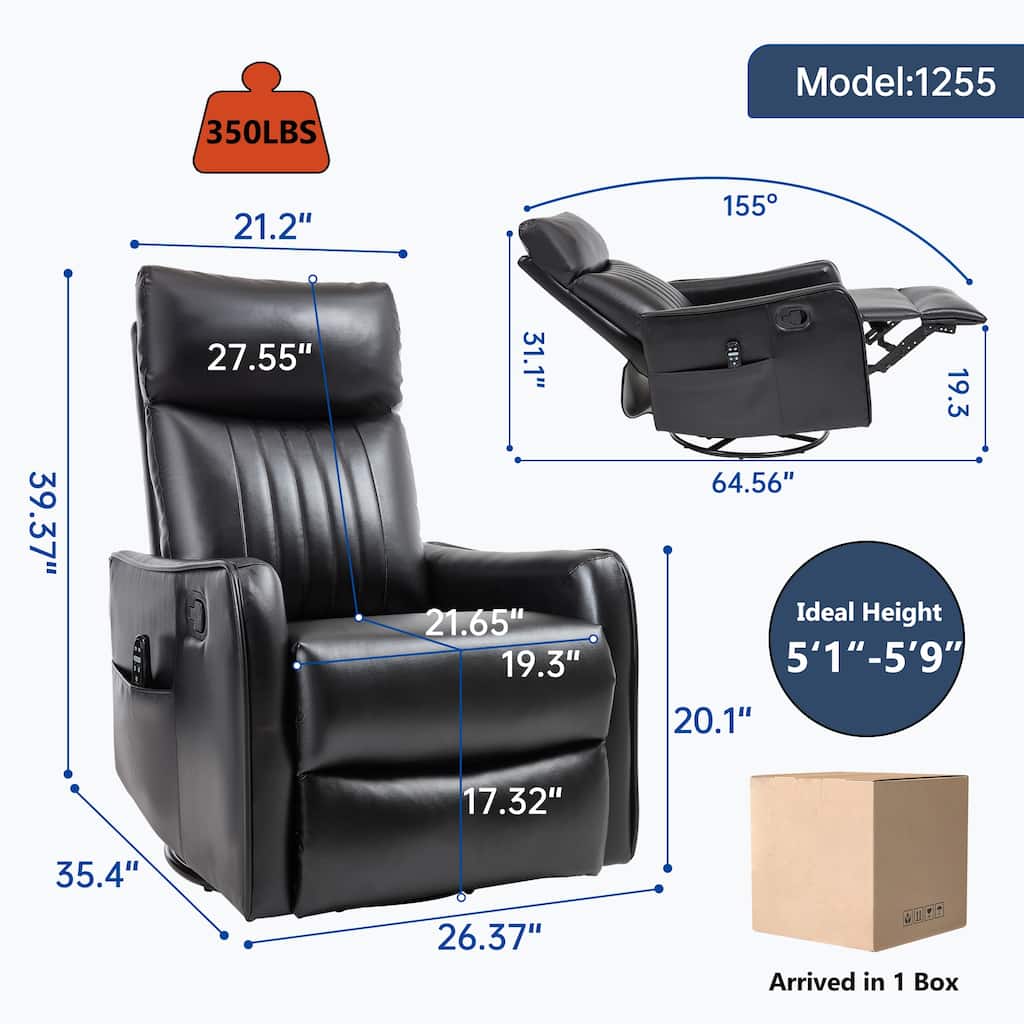 Faux Leather Swivel Recliner Chair, Manual Recliner Chair with Heat & Massage, Glider Rocker Chair with Side Pocket