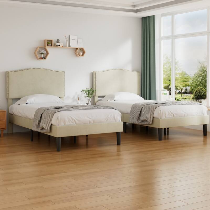 VCCELO 2-Pack Twin Size Bed Frame with Adjustable Headboard Noise-Free Twin Size Bed Set of 2 for Kids Room Dorm Apartments