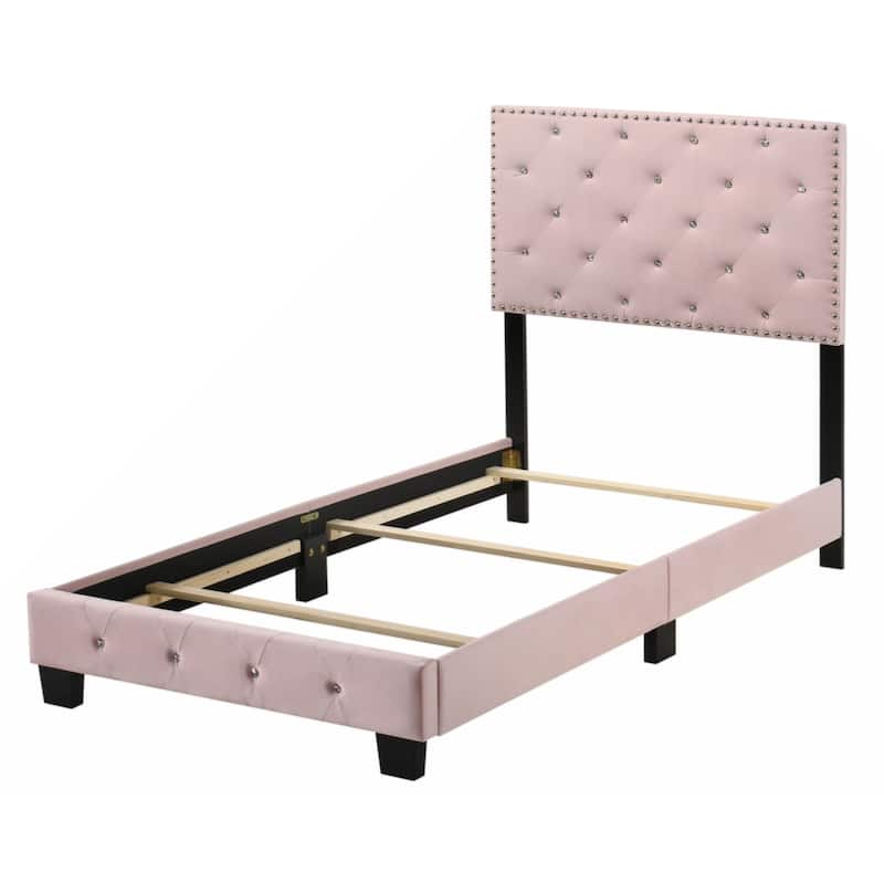 Pink Velvet Platform Bed with Nailhead Trim, Twin Size