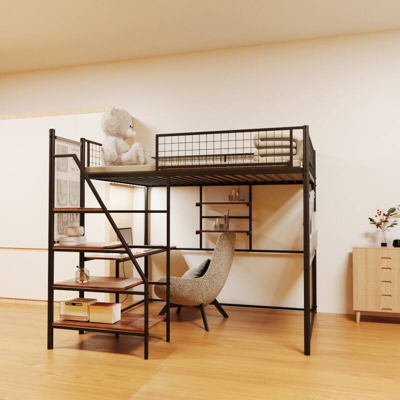 Loft Metal Bed with Built-in Desk, Charging Station and LED Lighting