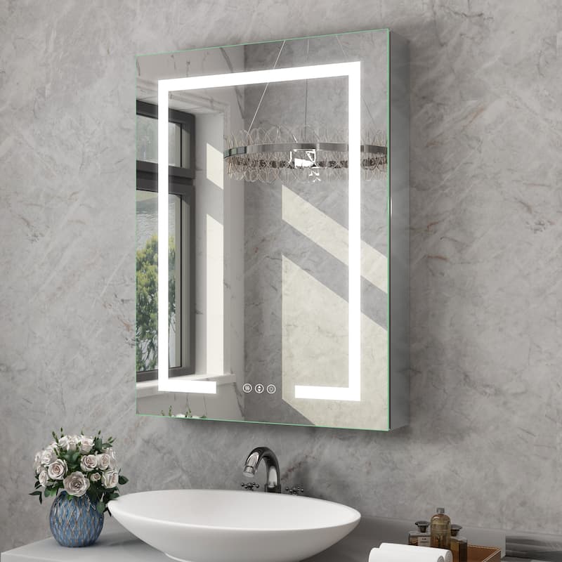Rectangular Aluminum Recessed/Surface Mount Frameless Anti-Fog Medicine Cabinet with Dimmable LED Lights - 32" x 24" - Silver, left Hinge