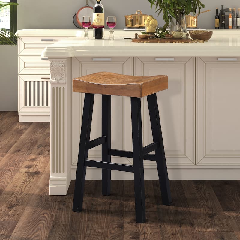 Furniture of America Barne Farmhouse Solid Wood Hefty Saddle Seat Bar Stools (Set of 2) - Oak - Bar Height