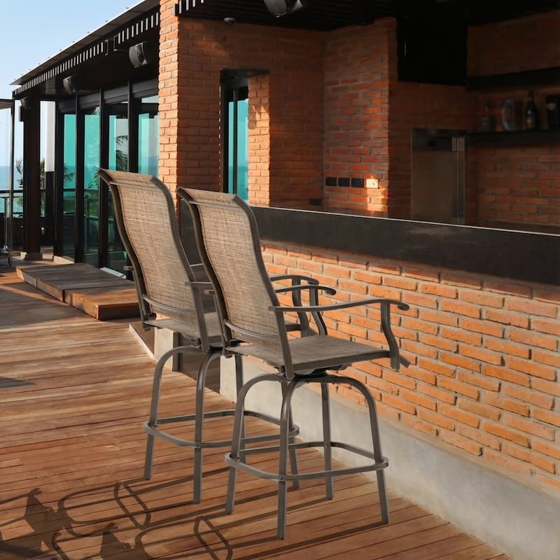 Outsunny Set of 2 Outdoor Swivel Bar Stools with Armrests, Bar Height Patio Chairs with Steel Frame for Balcony, Poolside