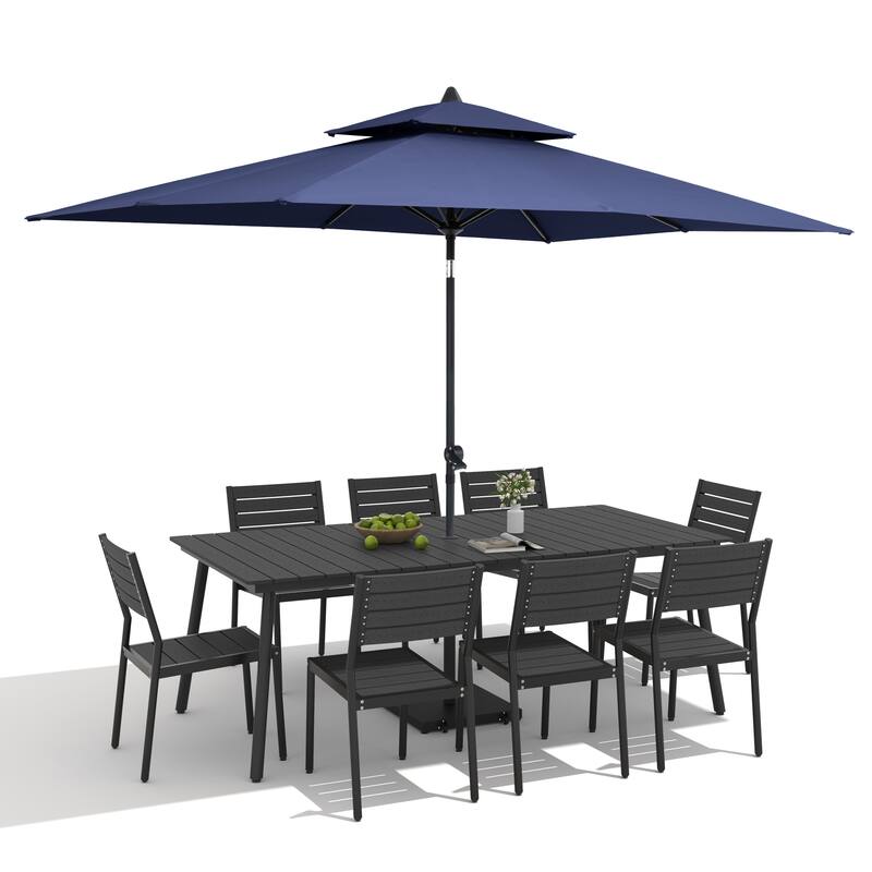 11-Piece Outdoor Dining Set Aluminum Table and 8 Stackable Chairs w/ 10 ft Umbrella and Base Stand