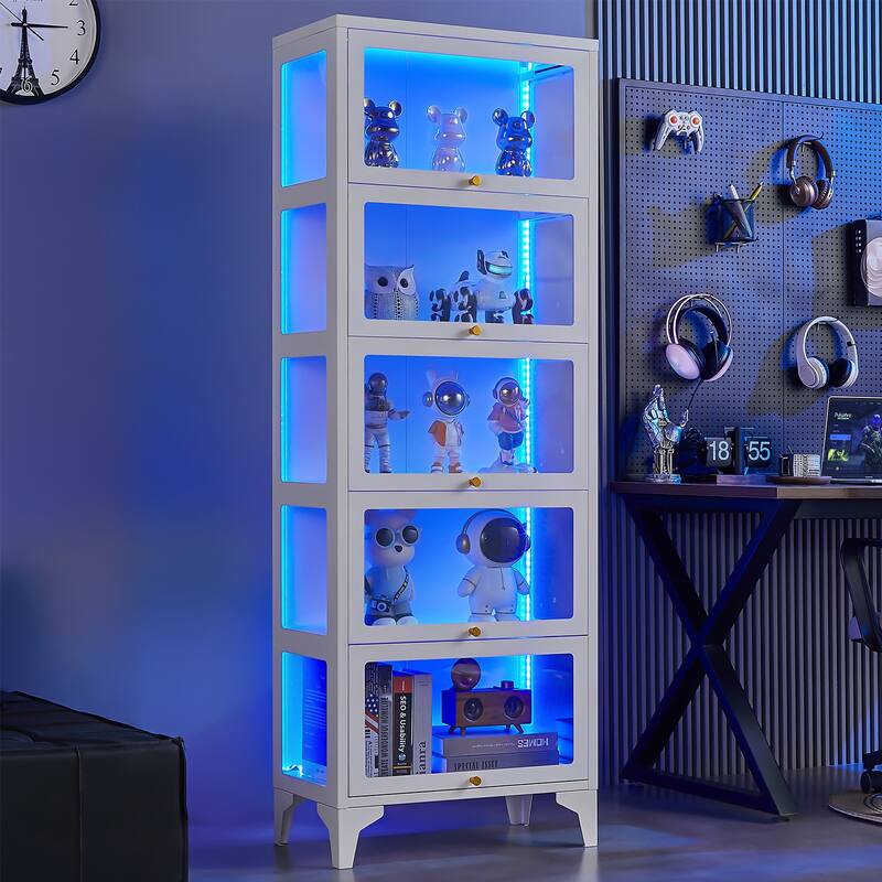 4/5-Tier Curio Display Cabinet with Glass Flip Doors & LED Light Strip