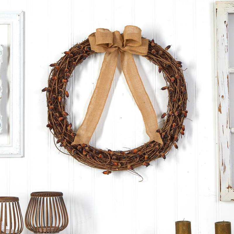 Acorn and Decorative Bow Artificial Fall Harvest Wreath, 30-Inch, Unlit