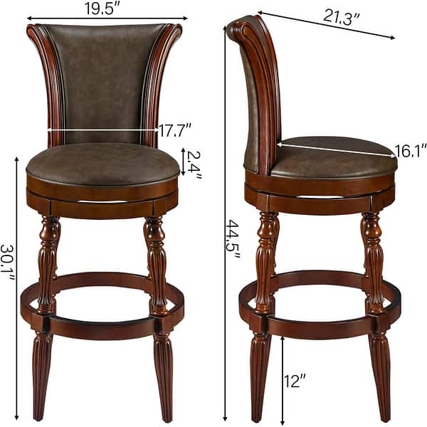 dimension image slide 5 of 6, Solid Wood Swivel Bar Stool Carved Hardwood Rotatable Pub Height Stools