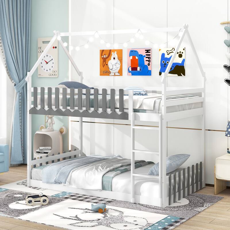 Gymax Twin Over Twin Bunk Bed w/ Fence & Ladder Solid Wood Floor Bunk