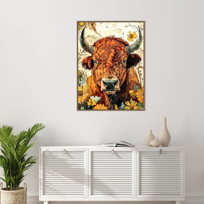 Buffalo in Flowers by Justyna Jaszke Framed Canvas Wall Art