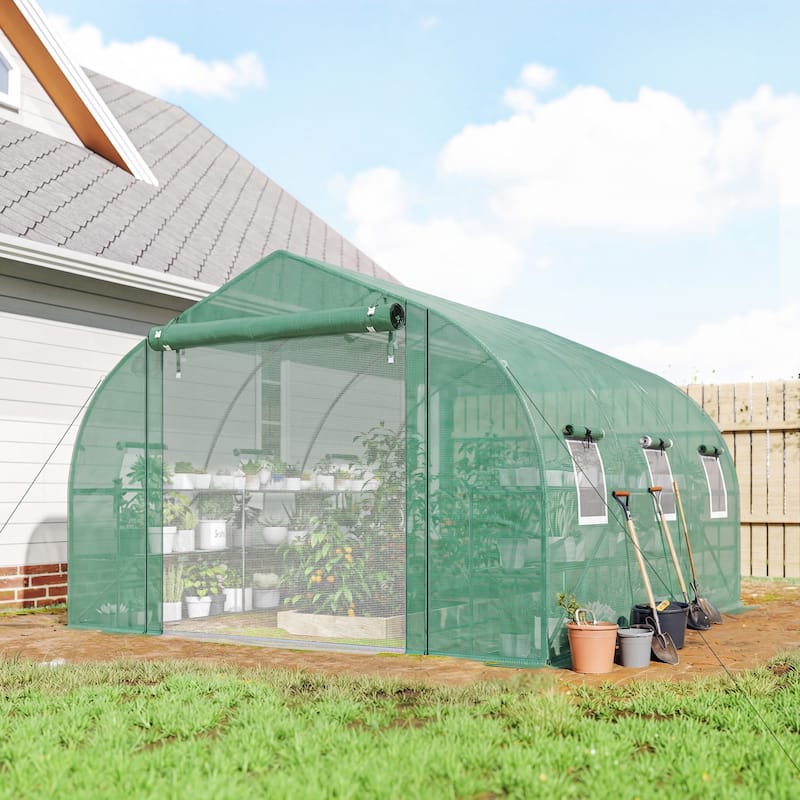 Outsunny 10'x11'x6' Walk-in Tunnel Greenhouse with Shelves, Mesh Door and Windows, Plant Hot House with PE Cover - Green